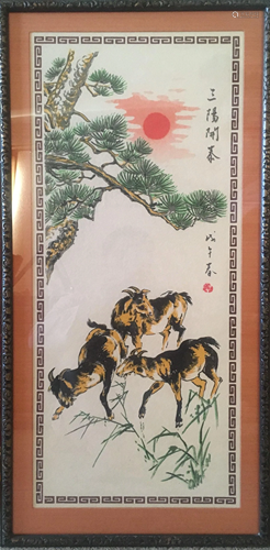 Chinese hand painting framed with tree goats