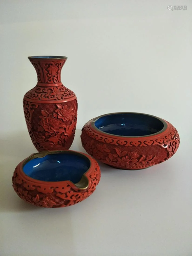 THREE Chinese Carved Cinnabar set