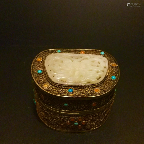 Antique Chinese Mosaic Box with white Jade on Lid