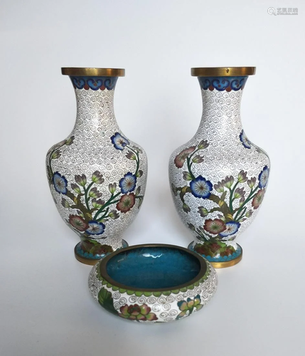 Three Antique Chinese White Cloisonne Vases