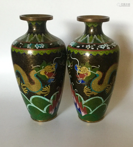 18th Cloisonne Brass Enamel Asian Dragon pair vase