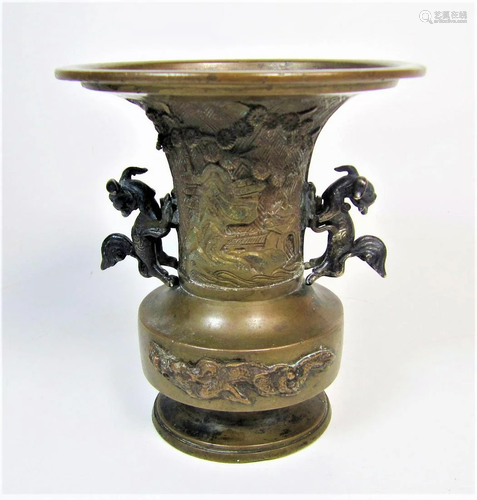 Antique Chinese Bronze Vase with Foo Dog Lion Handles