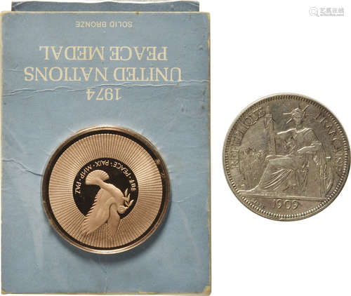 法屬安南1909年(坐洋) 銀幣 及 美國1974年 聯合國和平 銅勳章。合共2個