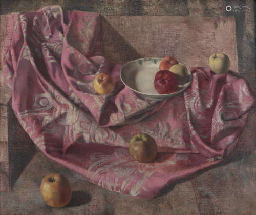 Patrick Hennessy RHA (1915-1980)Still Life with apples, bowl and pink clothOil on canvas, 62 x