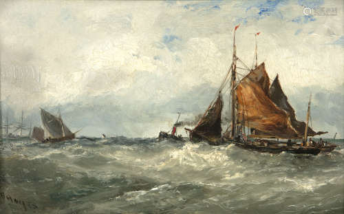 Edwin Hayes RHA RI ROI (1819-1904)Fishing Vessels Casting Off Tug Boats Oil on board, 17.5 x 28cm (