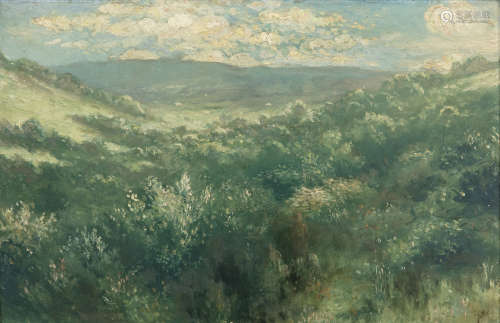 George Russell AE (1867-1935)Extensive Landscape with Ethereal FigureOil on board, 30 x 46cm (11¾