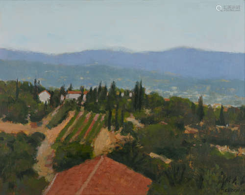 Trevor Geoghegan (b.1946)Blue Mountains (Perugia)Oil & acrylic on panel, 41 x 51cm (16 x 20)Signed