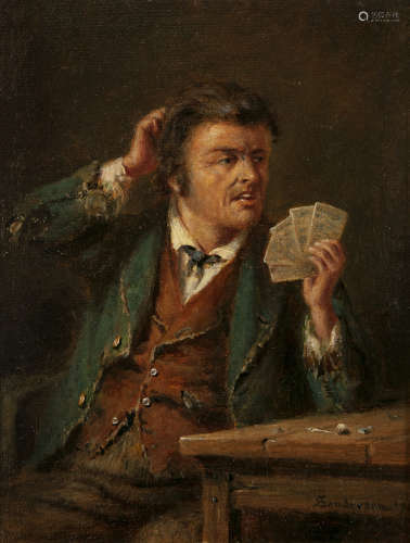 Robert Sanderson (1848-1908)Lost, Bedad!-An Irishman playing cards at a tableOil on canvas laid on