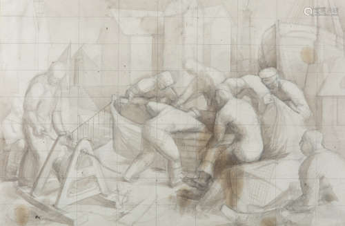 John Luke RUA (1906 -1975)Untitled - Men at Work on a BoatPencil and wash, 44 x 67cm (17¼ x 26¼'')