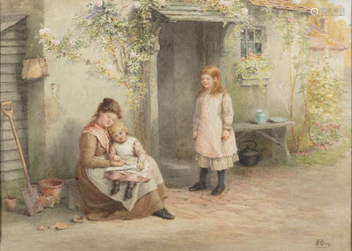 Samuel McCloy, (1831-1904)Mother and Children Outside CottageWatercolour, 35 x 47.5cm, (13.75 x 18.