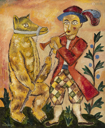 Basil Ivan Rákóczi (1908-1979)The Harlequin and the BearOil on board, 60 x 50cm (23½ x 19¾'')