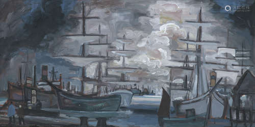 Markey Robinson (1918-1999)Cardiff DockGouache on board, 50.8 x 99cm (20 x 39'')Signed and dated