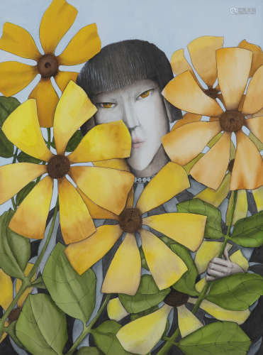 Barry Castle (1935-2006)Oriental Woman and SunflowersWatercolour, 76 x 56.5cm (30 x 22¼'')Signed