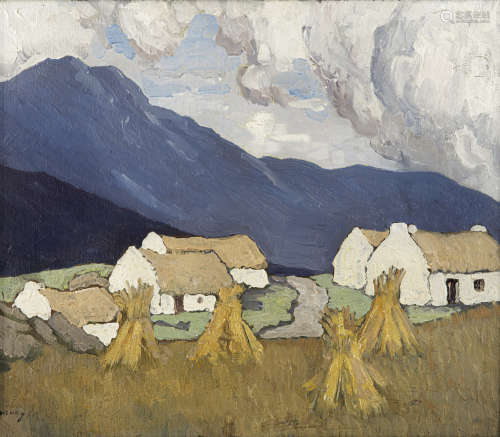 Paul Henry RHA (1877-1958)Hay Stooks with CottagesOil on board, 32.4 x 37.5cm (12¾ x 14¾'')