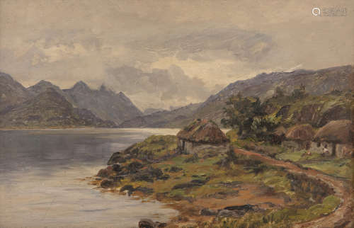 Alexander Williams RHA (1846-1930)Lakeside cottages with figures, West of Ireland Oil on board, 29 x