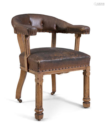 A PAIR OF PUGIN STYLE OAK FRAME TUB BACK CHAIRS, with brown leather button-back and square fluted