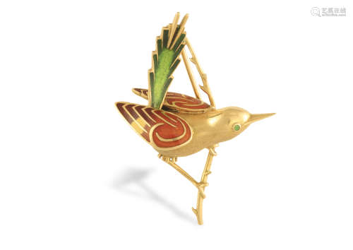 A GOLD AND ENAMEL NOVELTY BROOCH, designed as a bird perched on a gold branch, the gold bird