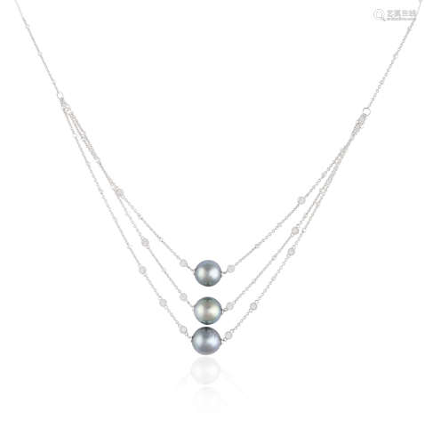 A CULTURED PEARL AND DIAMOND NECKLACE, BY SCHOEFFEL, the cable-link chain suspending three further
