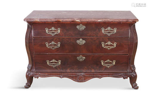 A DUTCH MAHOGANY AND ROUGE MARBLE COMMODE, 18TH CENTURY AND LATER, of rectangular bombe shape,