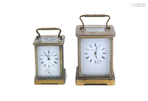 TWO BRASS CASED CARRIAGE CLOCKS; one retailed by Goldsmiths and Silversmiths Co., Regent Street (