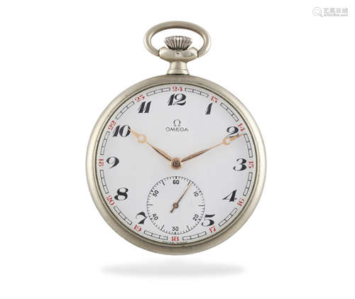 AN OMEGA SILVERED POCKET WATCH, mid 20th century with oval suspension movement and milled winder