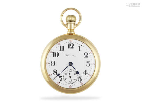 A GOLD CASE POCKET WATCH c 1910 by Hamilton, with milled winder and open face, the signed dial