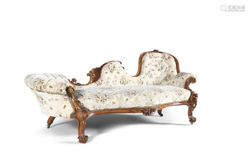 A VICTORIAN MAHOGANY FRAMED CHAISE LONGUE, mid 19th century, with button back upholstered in beige