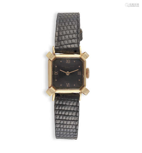 A LADY'S MANUAL WIND WRISTWATCH, BY BAUME & MERCIER, the square black dial with Roman numerals,