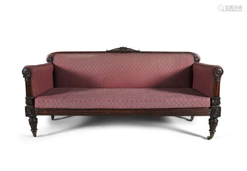 AN IRISH ROSEWOOD AND UPHOLSTERED THREE SEAT SETTEE, c.1830, in the manner of Mack, Williams &