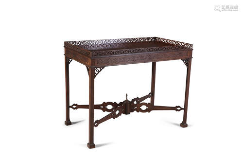 A GEORGE III MAHOGANY RECTANGULAR SIDE TABLE, in the Chinese Chippendale manner, with a raised