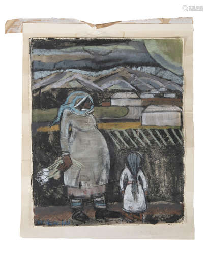 MIDDLE EASTERN SCHOOL (20TH CENTURY) Mother and Child in Landscape Mixed media on paper, 49 x 40cm