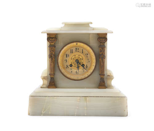 AN ALABASTER CASED MANTLE CLOCK, or architectural form, the gilded dial flanked by twin gilt brass