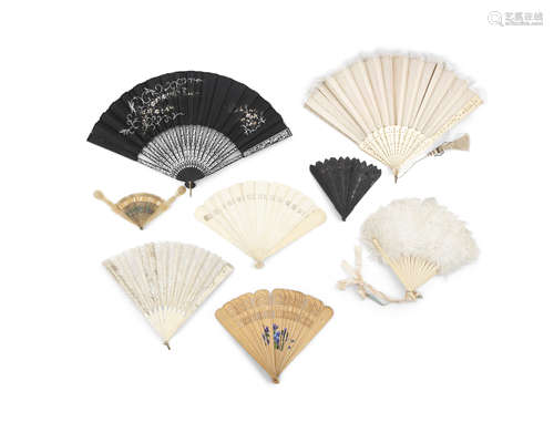 A COLLECTION OF EIGHT CONTINENTAL BRIEZE FANS, including two bone handled ostrich feather examples