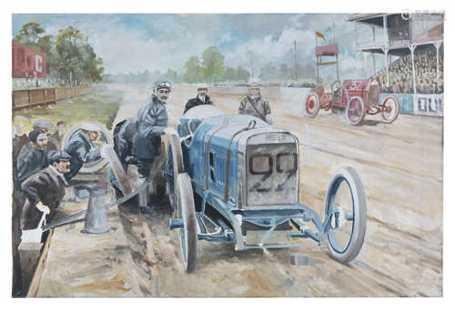 JAMES DUGDALE (BRITISH B. 1940) 'The Pitstop' Oil on canvas, 50 x 77cm