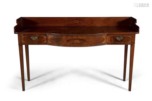 A 19TH CENTURY INLAID MAHOGANY BOWFRONT SIDEBOARD, in the Sheraton taste, the raised panel back