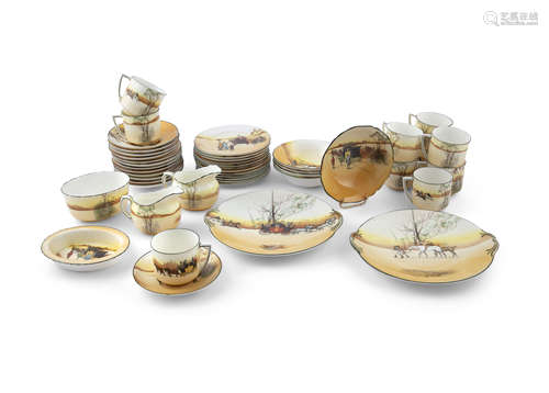 A ROYAL DOULTON FORTY-FOUR PIECE PART TEA SERVICE, c.1900, decorated with Coaching scenes on a