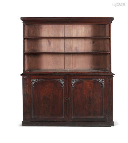 A VICTORIAN MAHOGANY BOOKCASE, of rectangular form, the open upper section with outset moulded