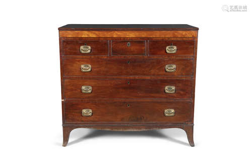 A GEORGE III MAHOGANY CHEST, c.1800, the rectangular top with reeded rim above three short and three