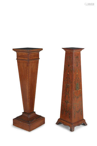 AN EDWARDIAN PAINTED SATINWOOD PEDESTAL, c.1900, of square tapering design, decorated to each side