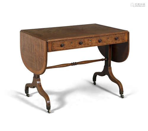 A GEORGE IV INLAID SATINWOOD DOUBLE DROP LEAF SOFA TABLE, the crossbanded top above twin frieze