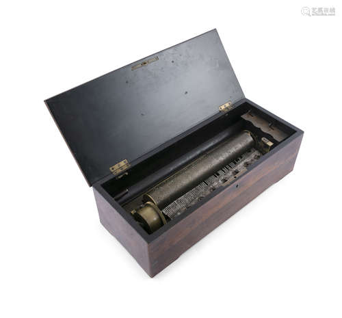 A SWISS ROSEWOOD CASED MUSIC BOX, 19th century with hinged cover enclosing a single brass cylinder