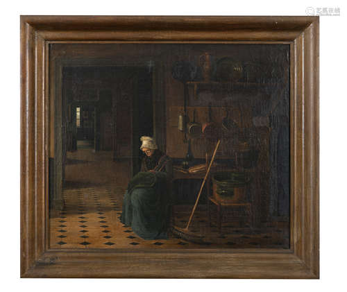 DUTCH SCHOOL (19TH CENTURY) Housemaid sewing in a kitchen Oil on canvas, 45 x 53cm