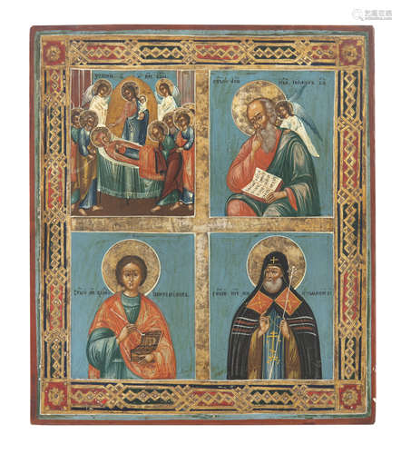 A RUSSIAN ICON (19TH CENTURY) Mother of God with saints in four compartments Tempera on poplar