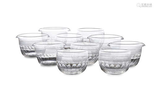 A SET OF TEN 19TH CENTURY GLASS RINSING/FINGER BOWLS, with fine diamond cut band and faceting.