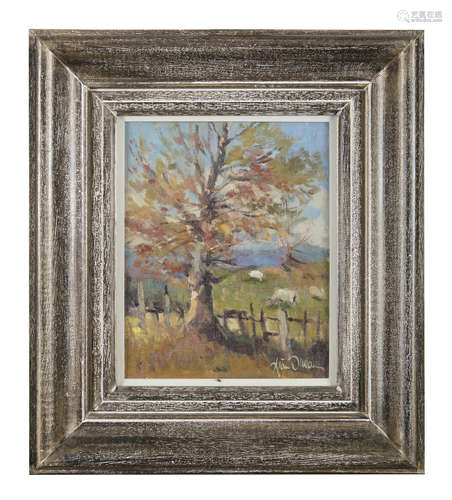 LIAM TREACY (1934-2004) Field in Late Autumn Oil on board, 25 x 19.5cm Signed