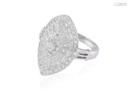 A DIAMOND DRESS RING, of marquise shape, the stylised plaque set with brilliant-cut diamonds