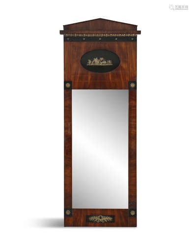 A FRENCH EMPIRE MAHOGANY PIER MIRROR, 19th Century, of upright rectangular shape, with plain glass