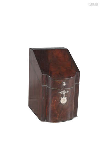 A GEORGE III MAHOGANY AND SILVER MOUNTED SLOPE FRONT KNIFE BOX, with plain velvet lined interior,