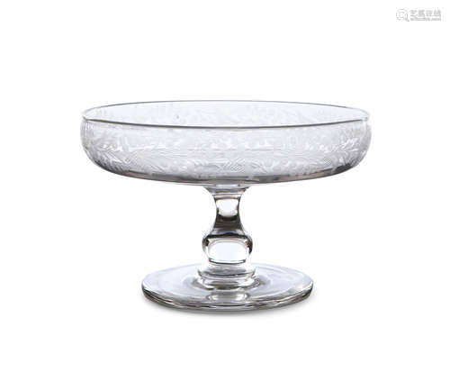 A 19th CENTURY ETCHED GLASS PEDESTAL BOWL of circular form, decorated to the exterior with a chain