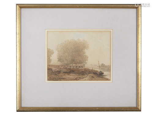 J VARLEY (1778 - 1842) Figure by riverside with boat Watercolour, 21 x 17 cm Signed